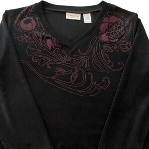Chico’s Travelers top, black with wine colored stitching. Jersey, Chicos size 0